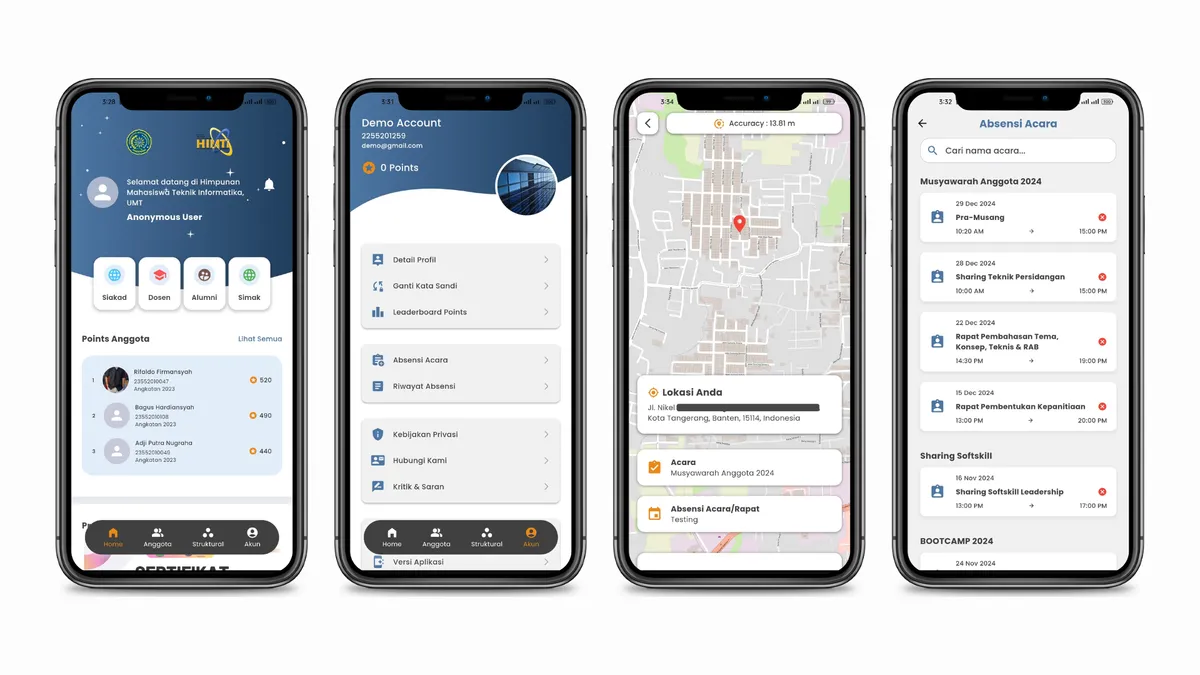 HIMTI UMT mobile app — events and attendance screens