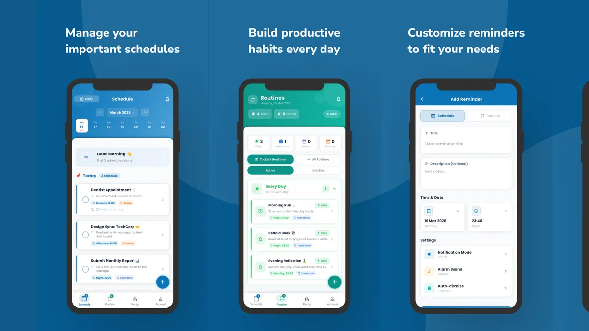 Timefio mobile app — schedule and routine screens